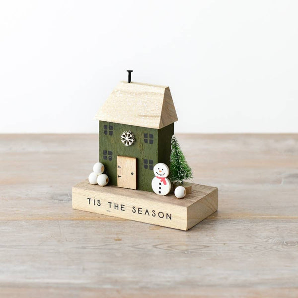 Dark Green Wooden House Block with Snowman - Olde Glory