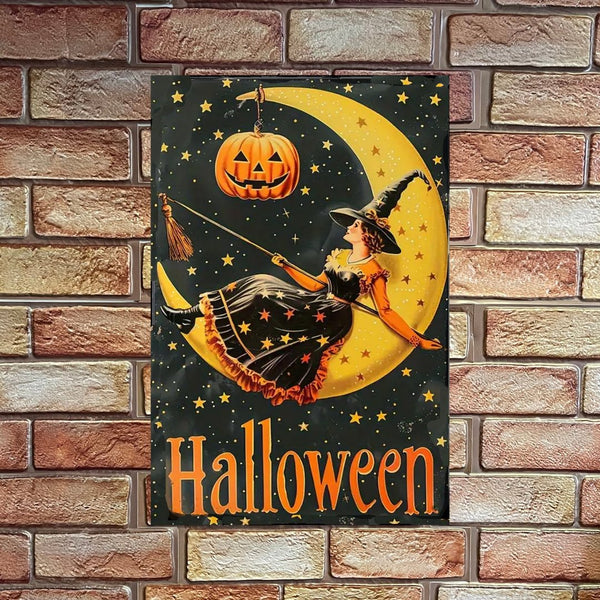 Happy Halloween Witch and Crescent Moon Metal Sign - Olde Glory