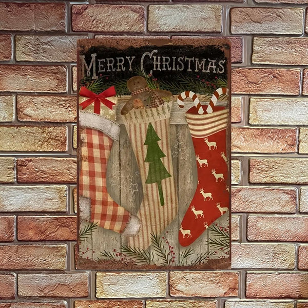 Merry Christmas Three Stockings Metal Sign - Olde Glory