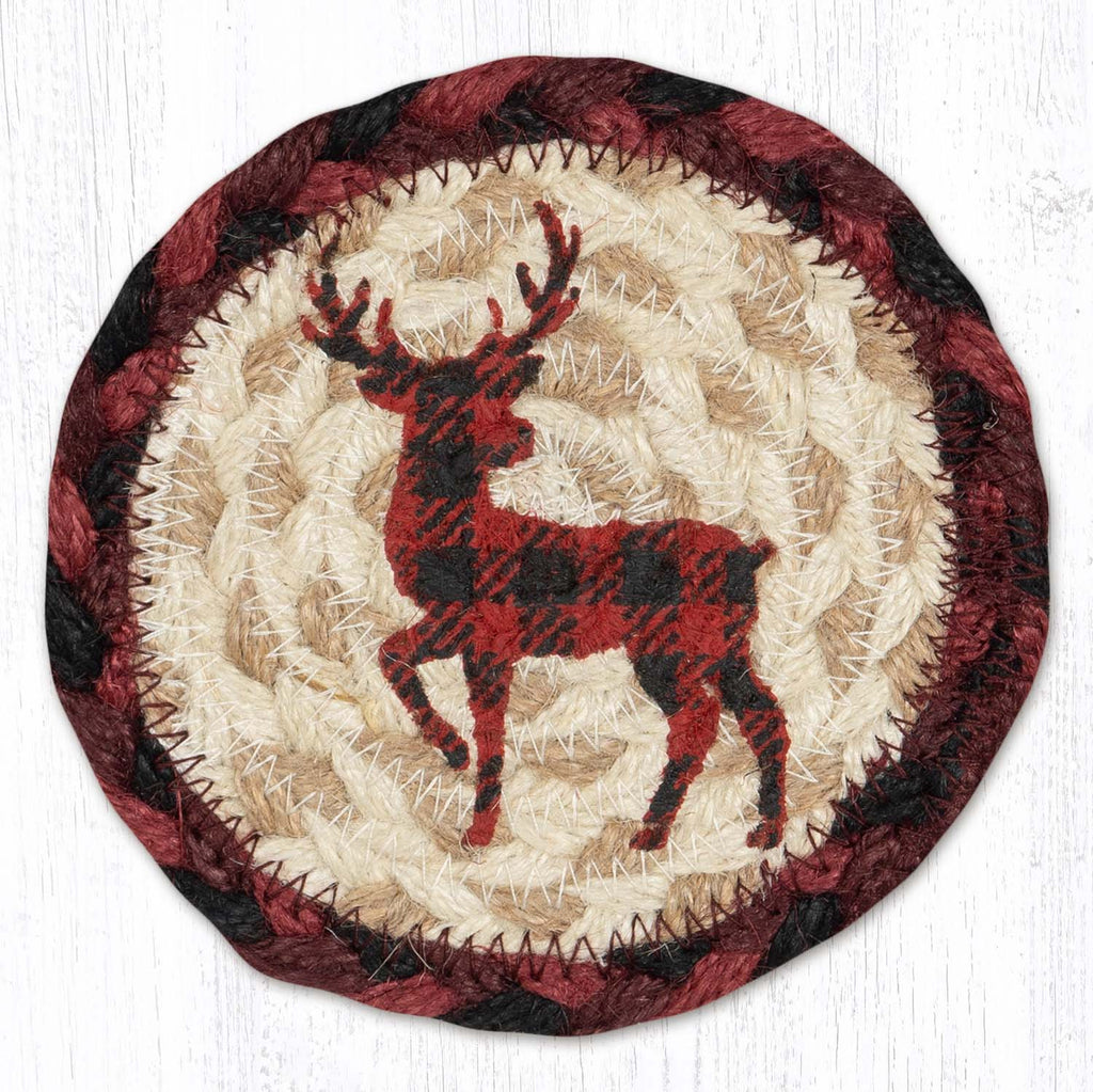 Red Plaid Deer Braided Jute Coaster