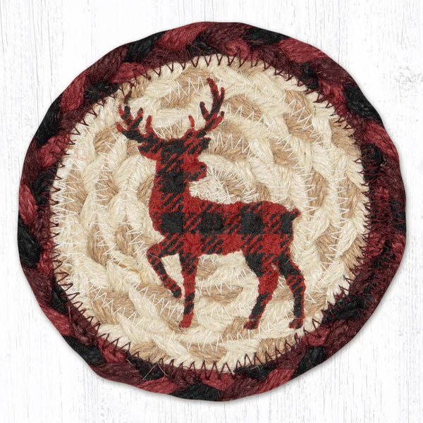 Red Plaid Deer Braided Jute Coaster