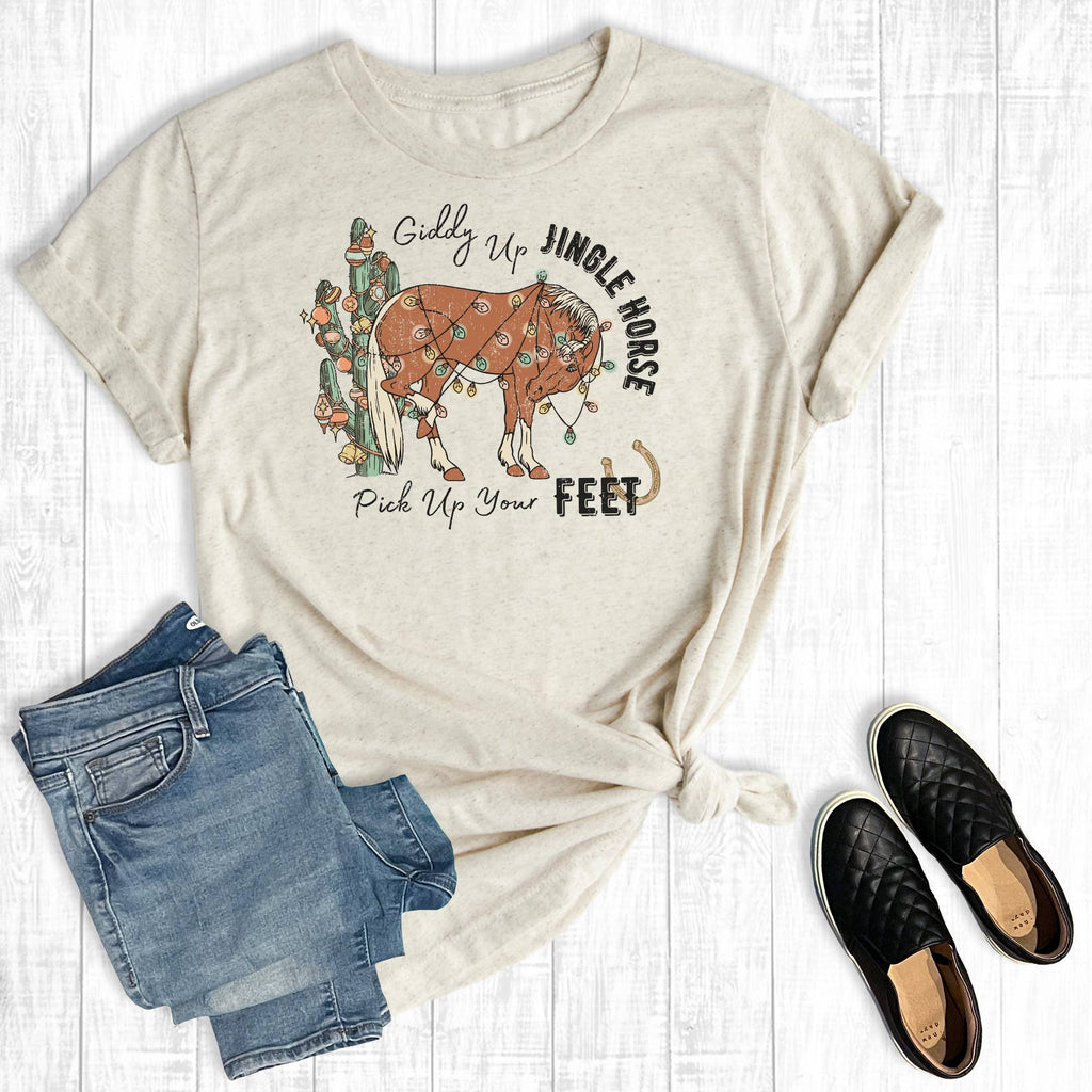 Western Christmas Giddy Up Jingle Horse with Ornaments Graphic T-Shirt - Olde Glory